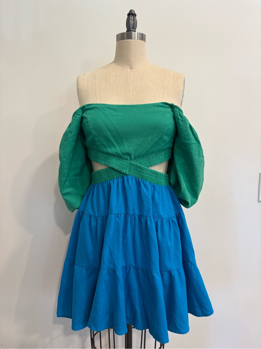 Lush Green & Blue Off-Shoulder Cutout Mini Dress